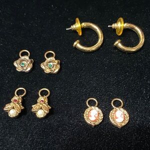 Elegant vintage Gold open hoops with three pairs of charms Earrings Set